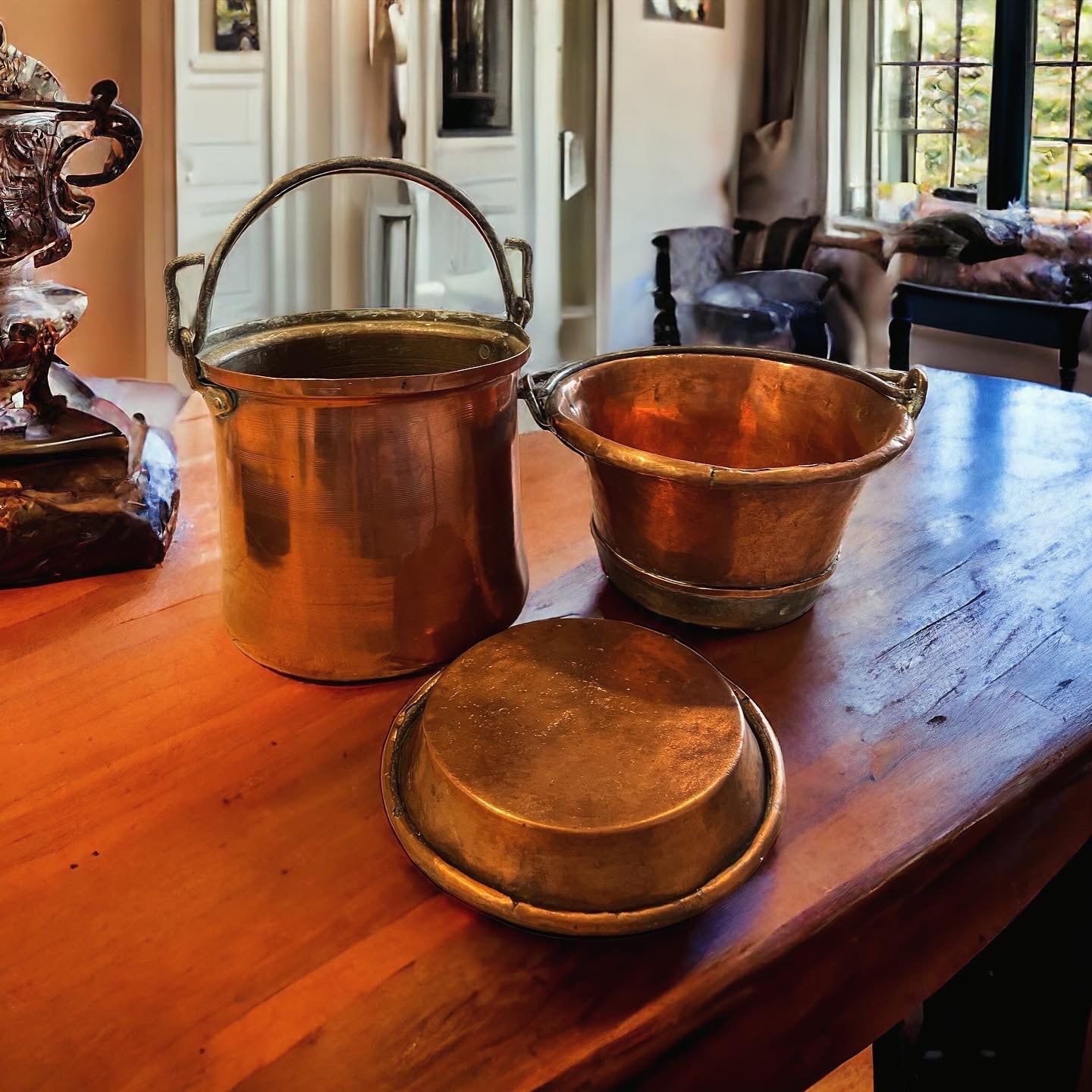 Antique copper pots and bowl set