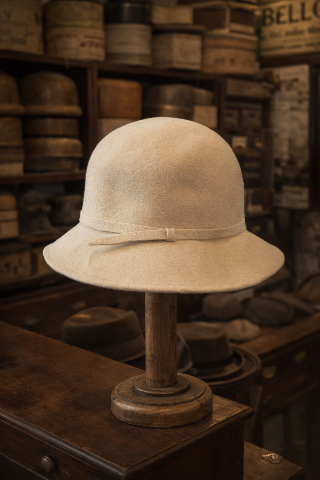 Cappello antico in feltro di lana panna anni 30-40, cloche evoluta