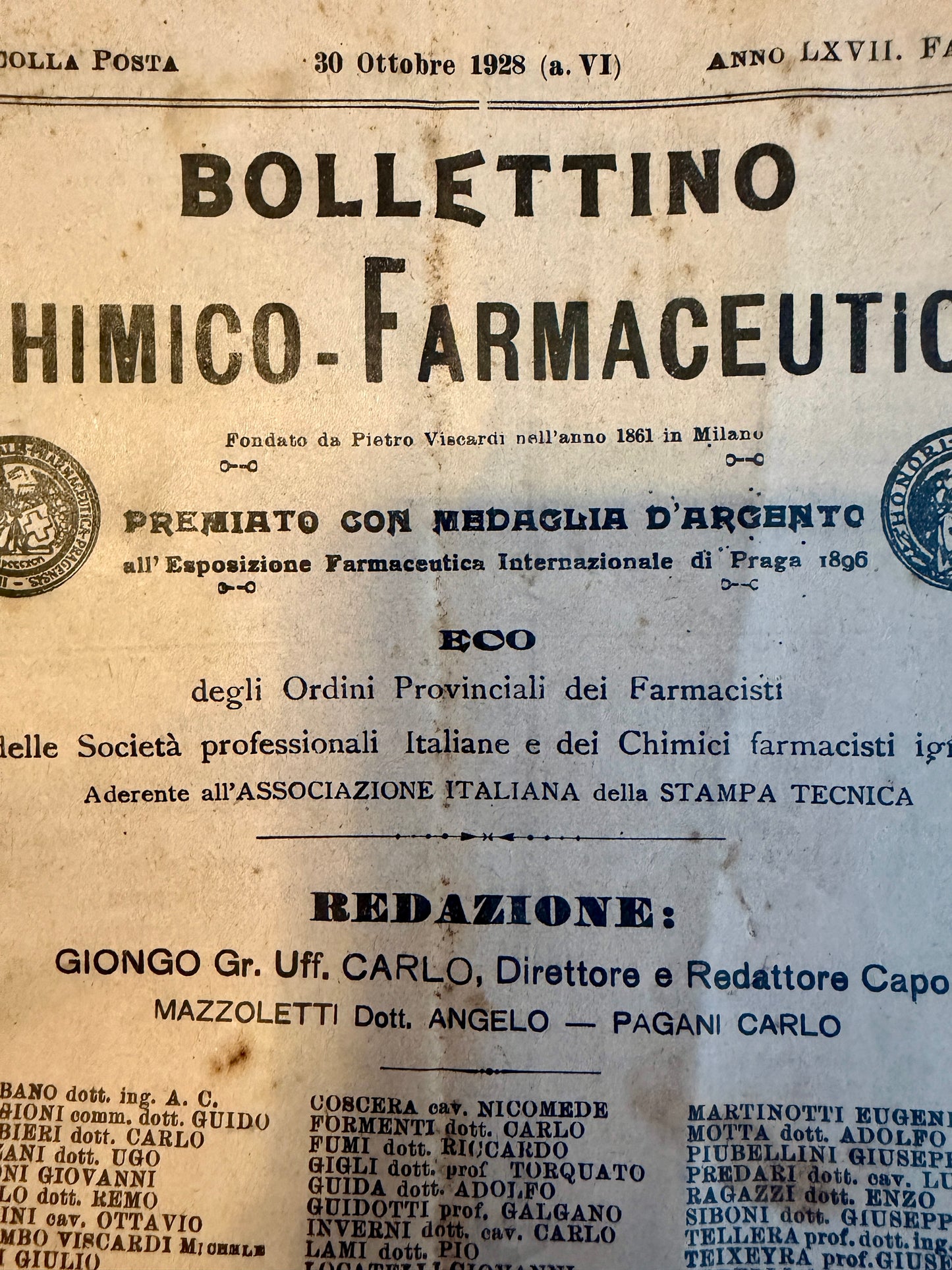 Coppia riviste Bollettino Farmaceutico 1928