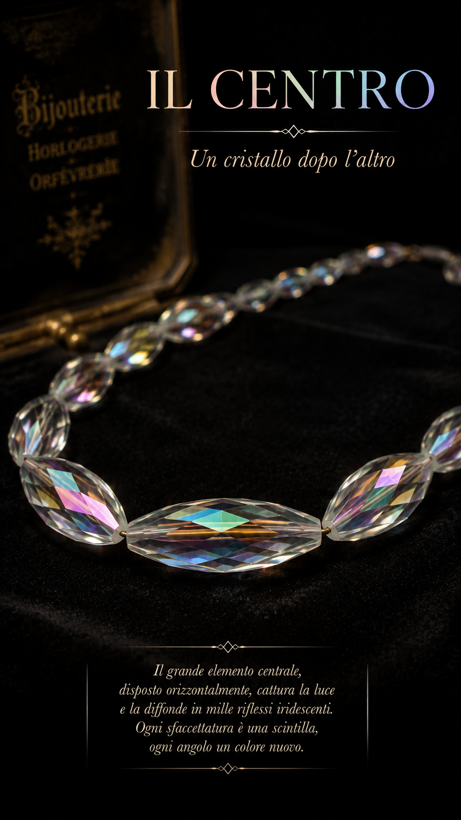 Collana con elementi fusiformi in vetro sfaccettato Aurora Borealis, fine anni ‘50 primi ‘60