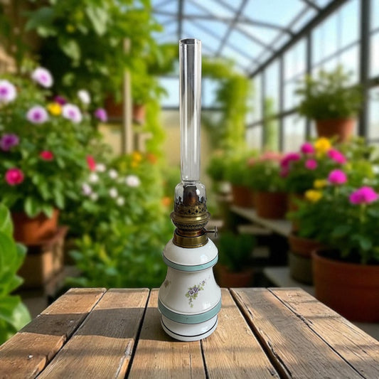 Antica lampada a petrolio con base in ceramica decorata a fiori di lillà