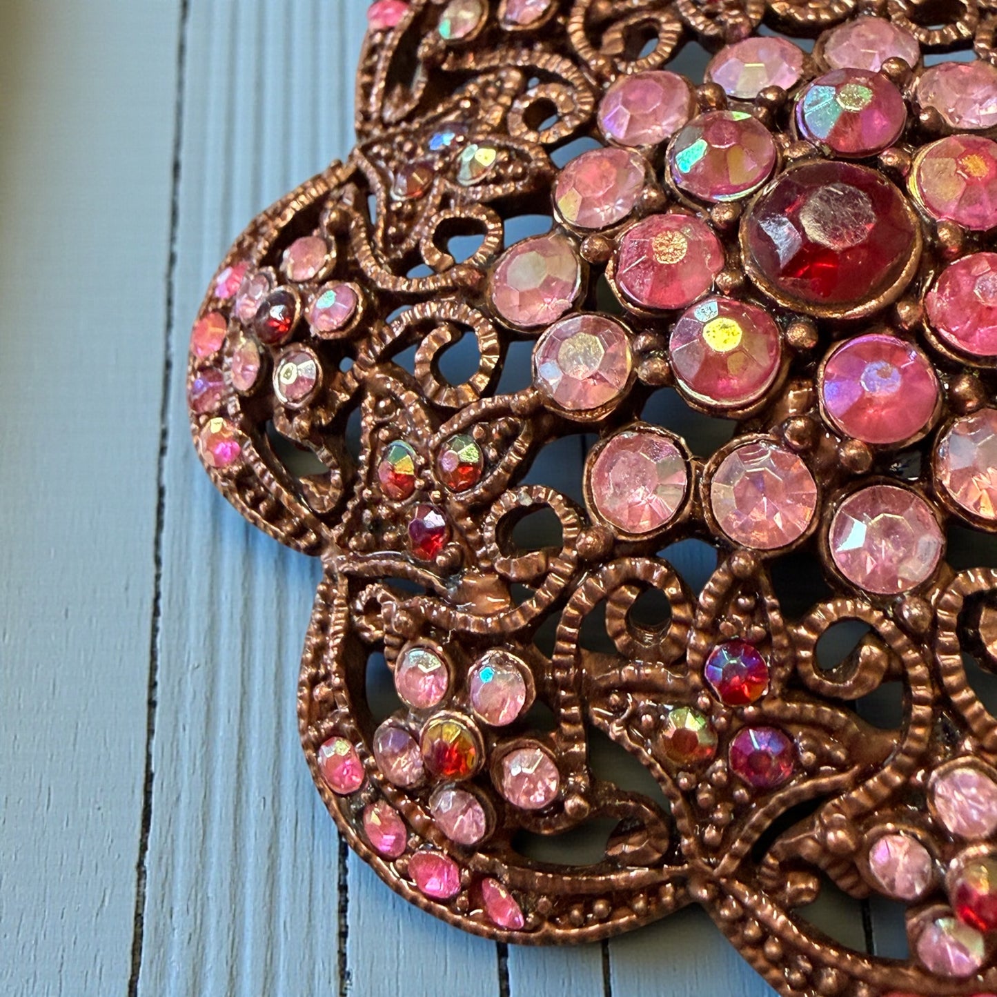 Gioiello doppio: spilla o pendente vintage 70s bigiotteria Americana con strass rosa