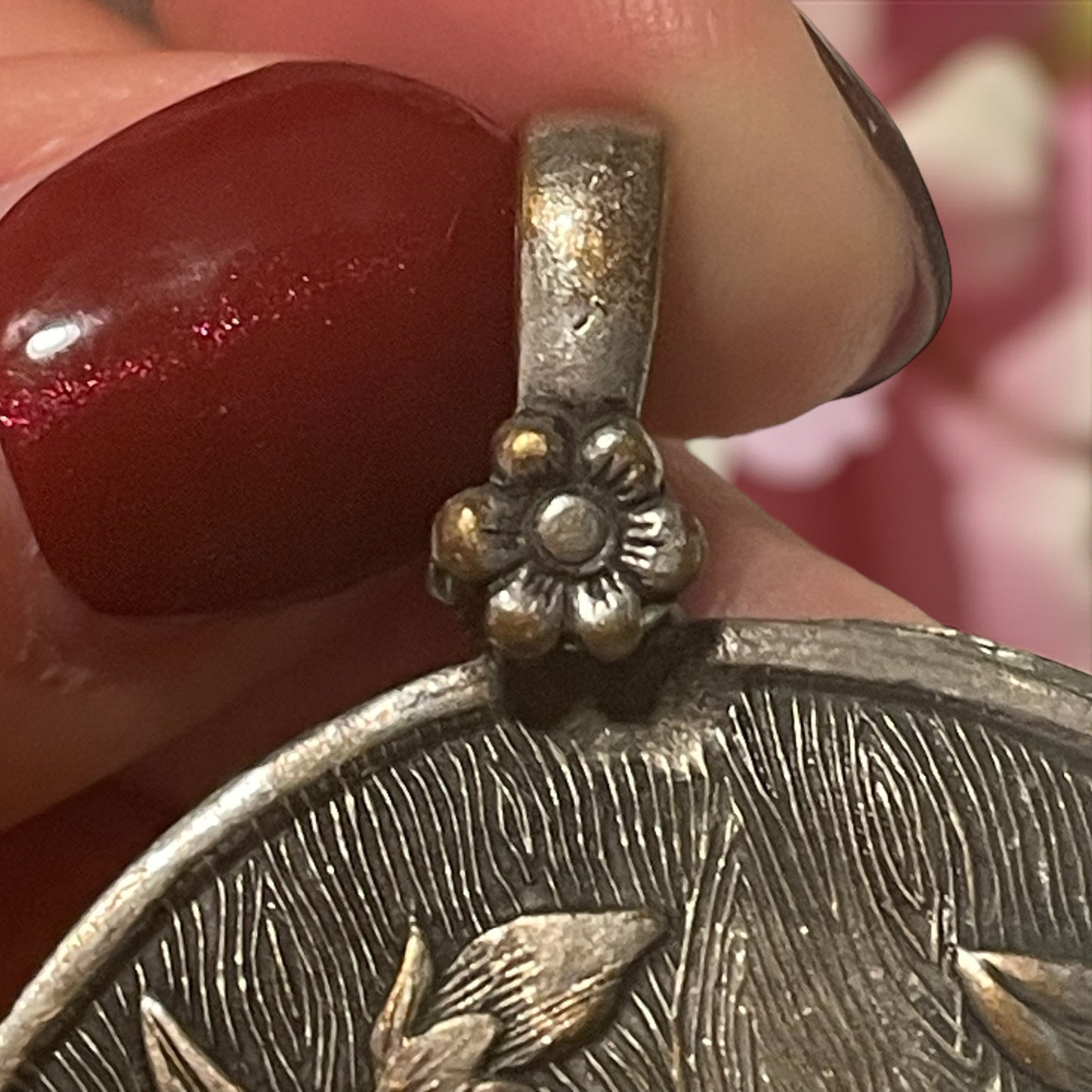 Pendente gioiello argento massiccio con specchio al mercurio, liberty, fine ‘800 - primo ‘900