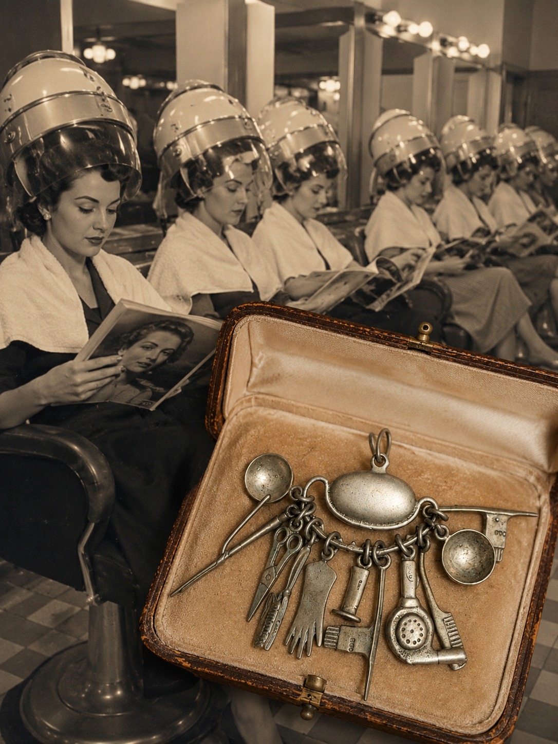 Pendente tematico in argento 800 con miniature, anni ‘50 barber shop / parrucchiere