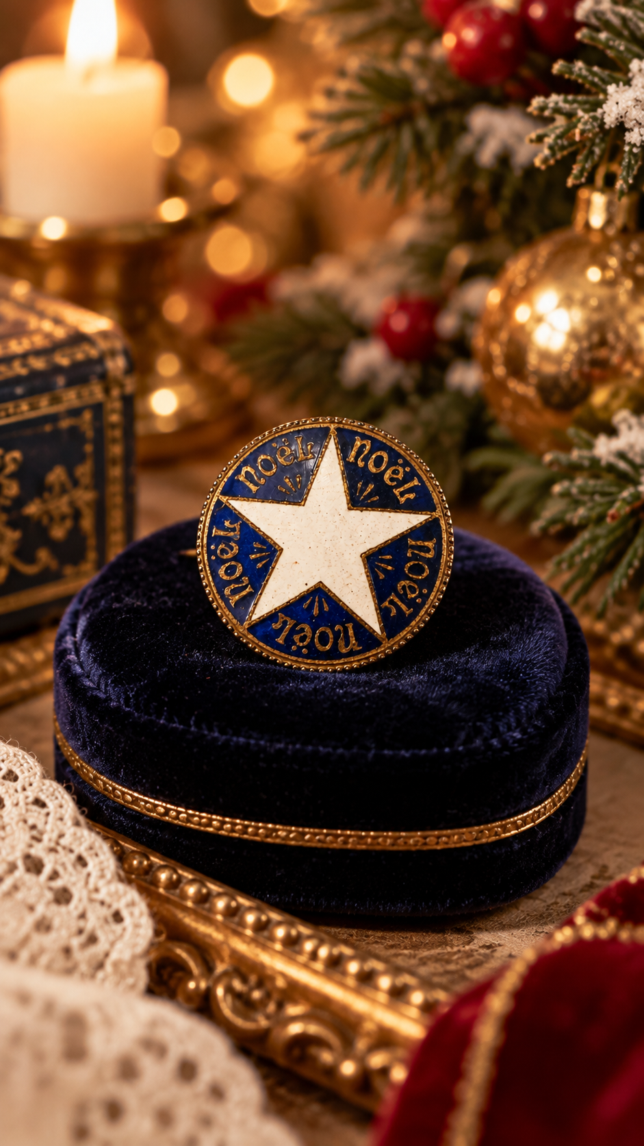 Antica piccola spilla Natalizia in smalti con stella bianca e scritta Noel