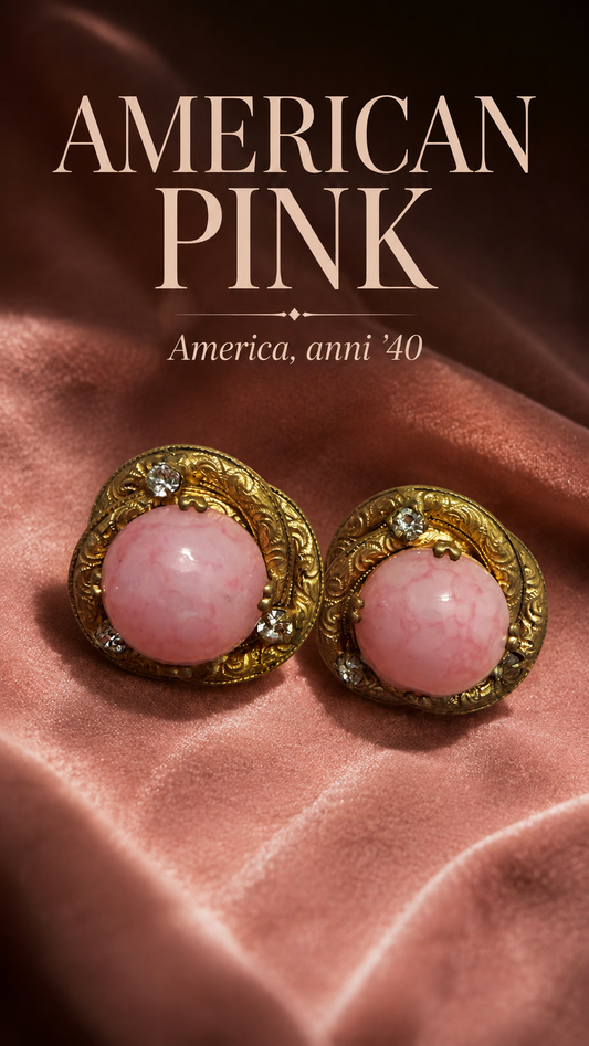 Orecchini con clip antica fine anni ‘40 costume jewerly USA cabochon vetro marmorizzato