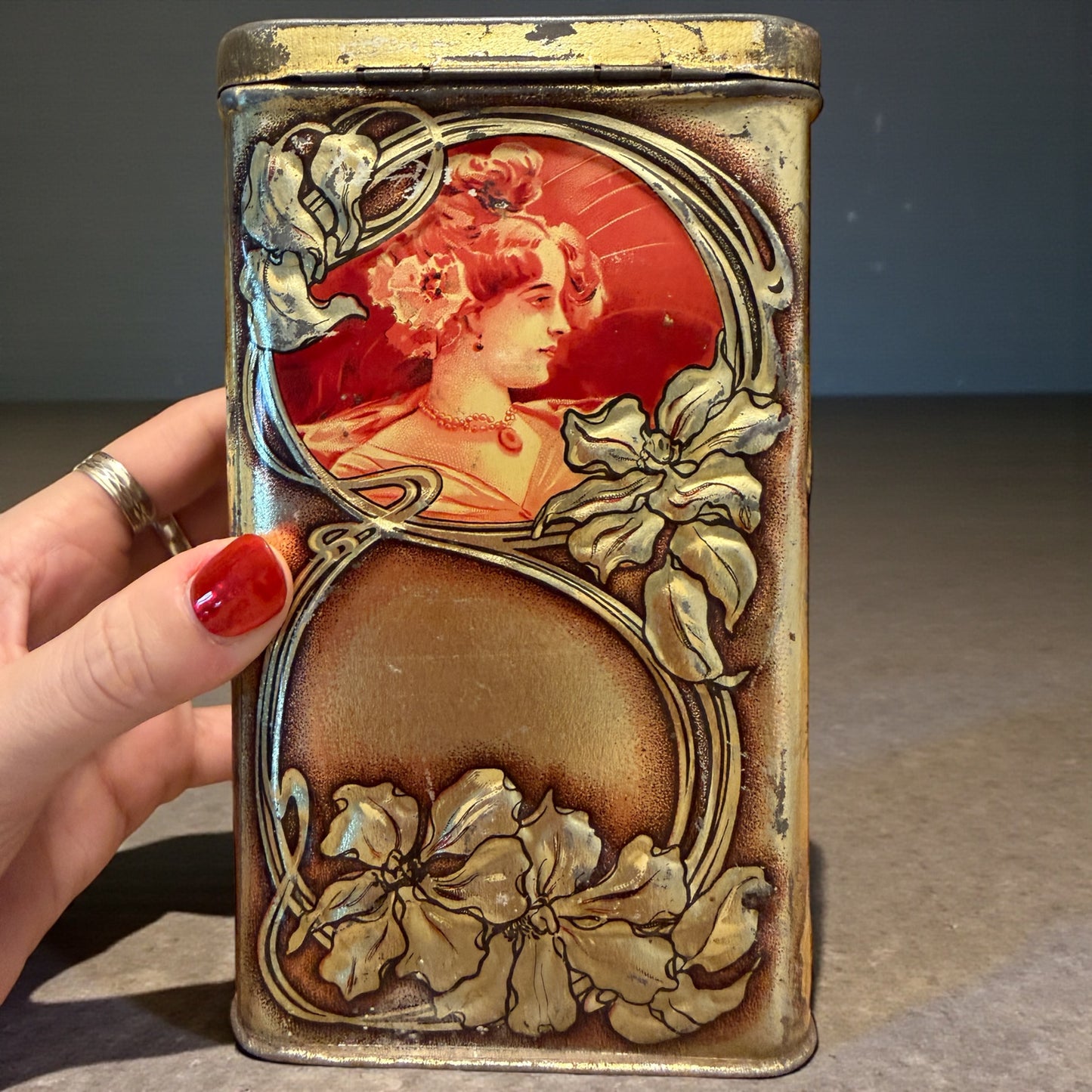 Set n. 3 antiche scatole di latta Leroux Cambrai rarissime art Nouveau per cicoria, dolci e farina.