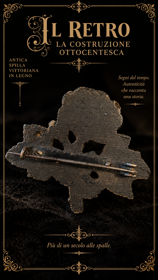 Antico gioiello Vittoriano spilla in legno intagliato rosa nera fine ‘800