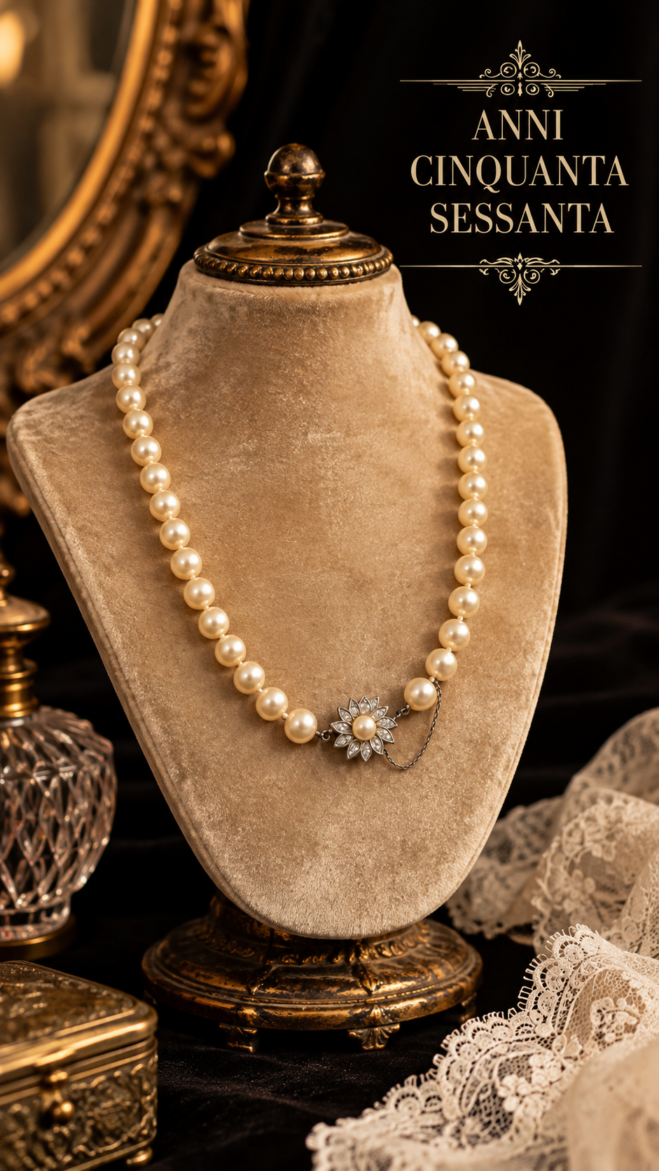 Collana vintage perle di vetro con chiusura gioiello e fiore, cristalli e catenella di sicurezza
