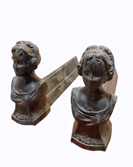 Ancient andirons bust of a woman