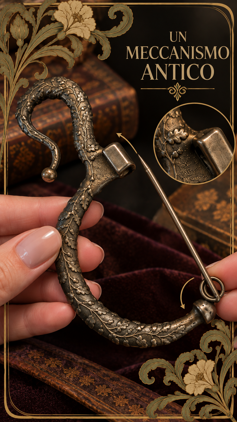 Grande fibula decorata con ghiande e foglie di quercia, 11 cm primi decenni del ‘900