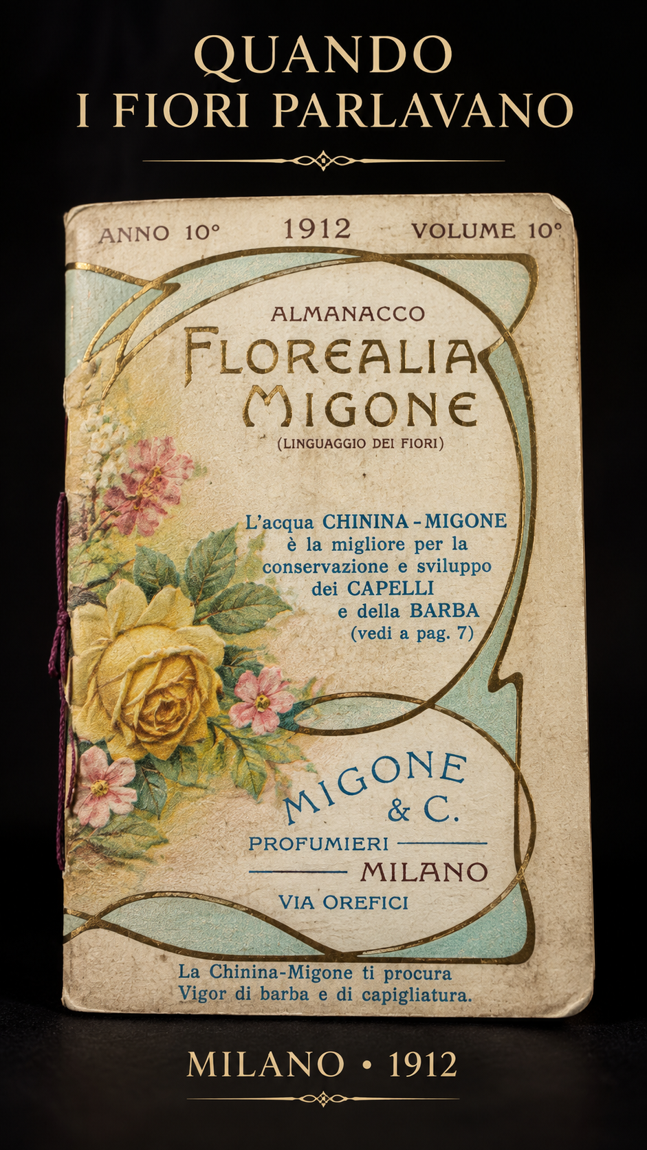Stupendo ephemera completo 1912 Milano profumeria Migone floriografia Liberty