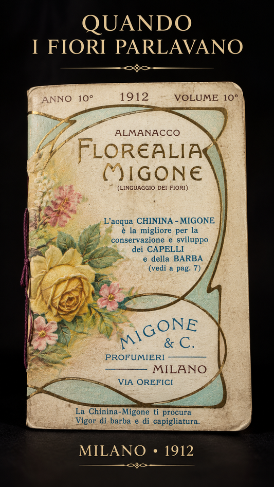 Stupendo ephemera completo 1912 Milano profumeria Migone floriografia Liberty