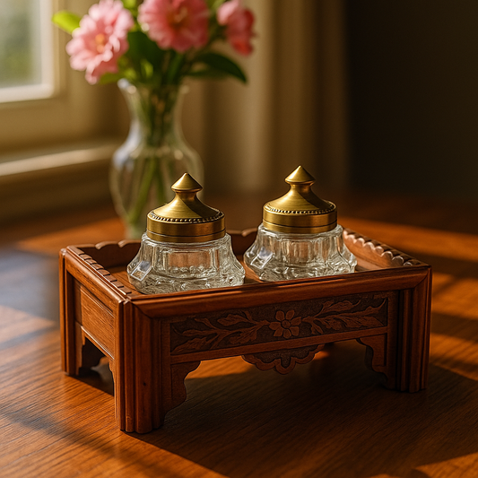 Set da Studio porta calamai in legno intagliato con due calamai, anni 40 50.