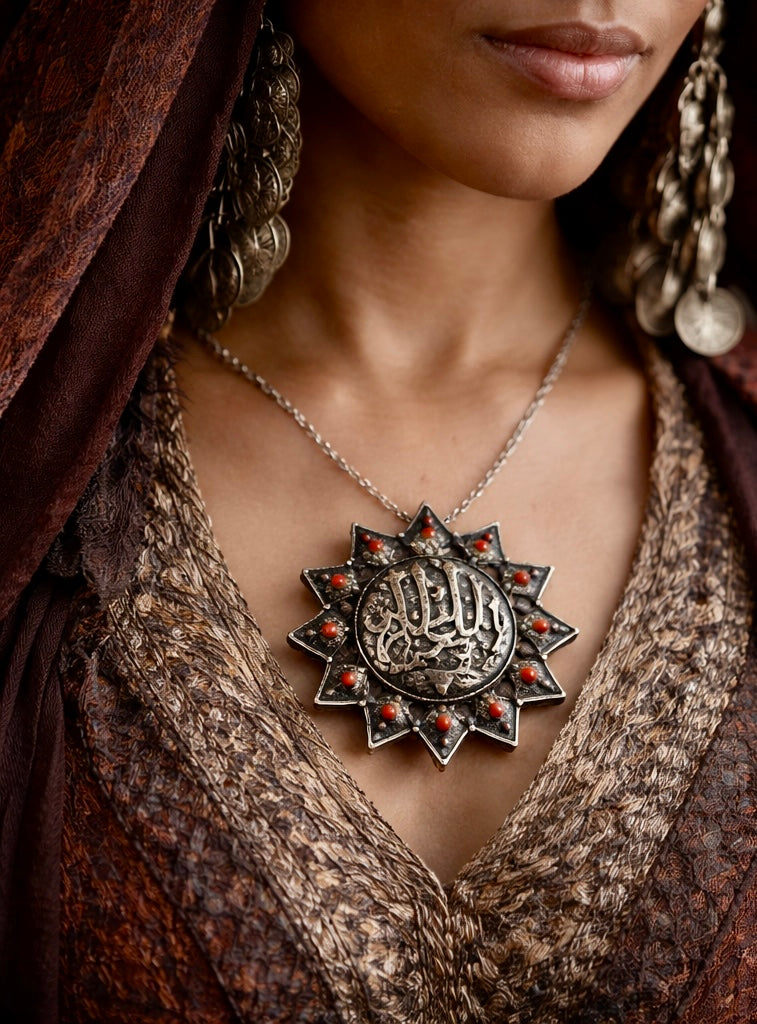 Pendente / spilla gioiello in argento pieno, antica gioielleria Berbera primi ‘900