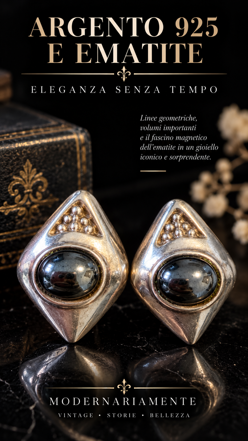 Orecchini design modernista manifattura italiana argento 925 a clip con cabochon ematite