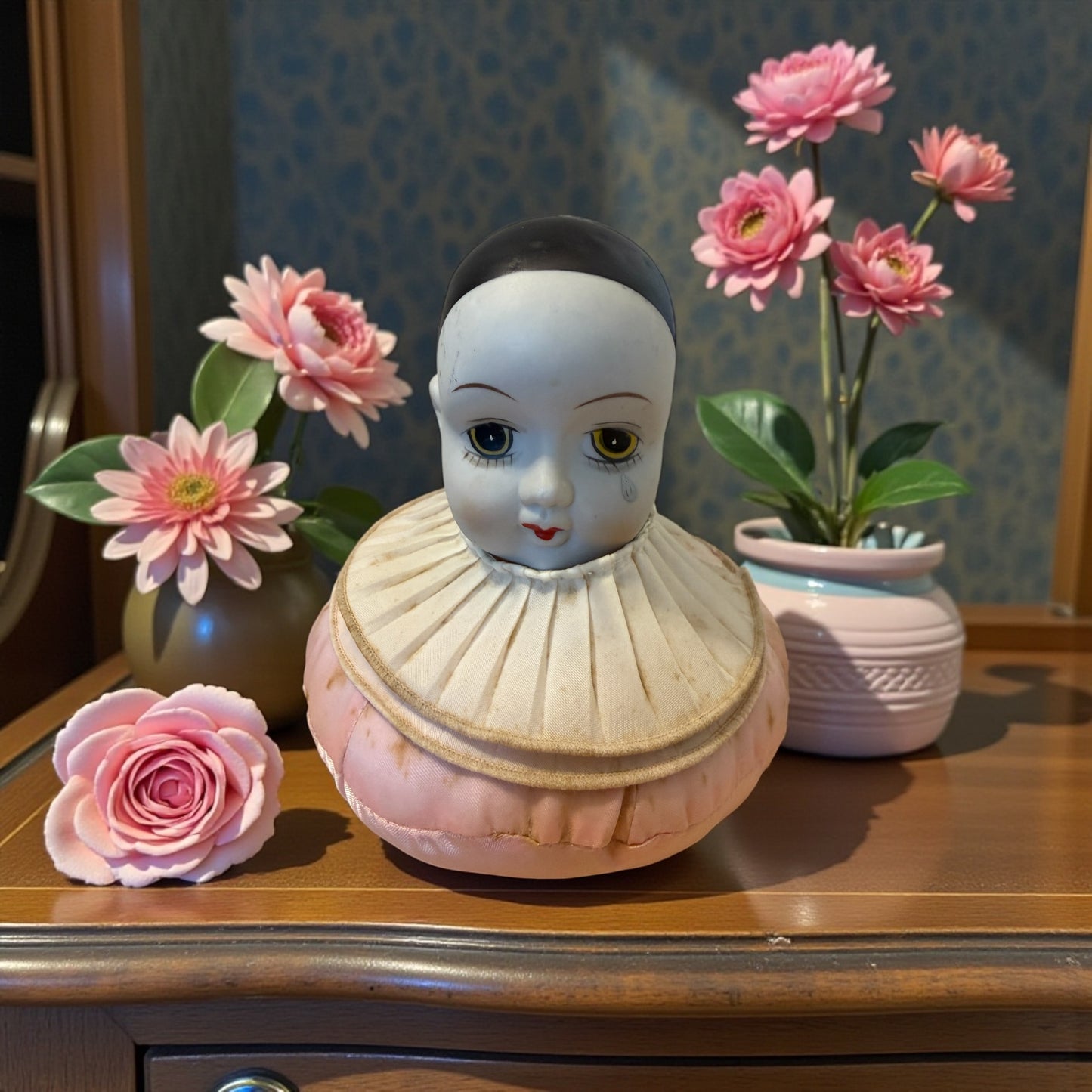 Antico punta spilli primo ‘900 a guisa di Pierrot in porcellana opaca con cuscino in raso rosa