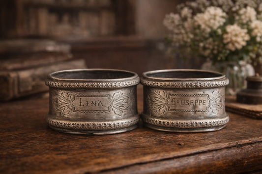 Coppia porta tovaglioli Liberty in argento 800, primissimo ‘900 italiani con incisi “Lina” e “Giuseppe”