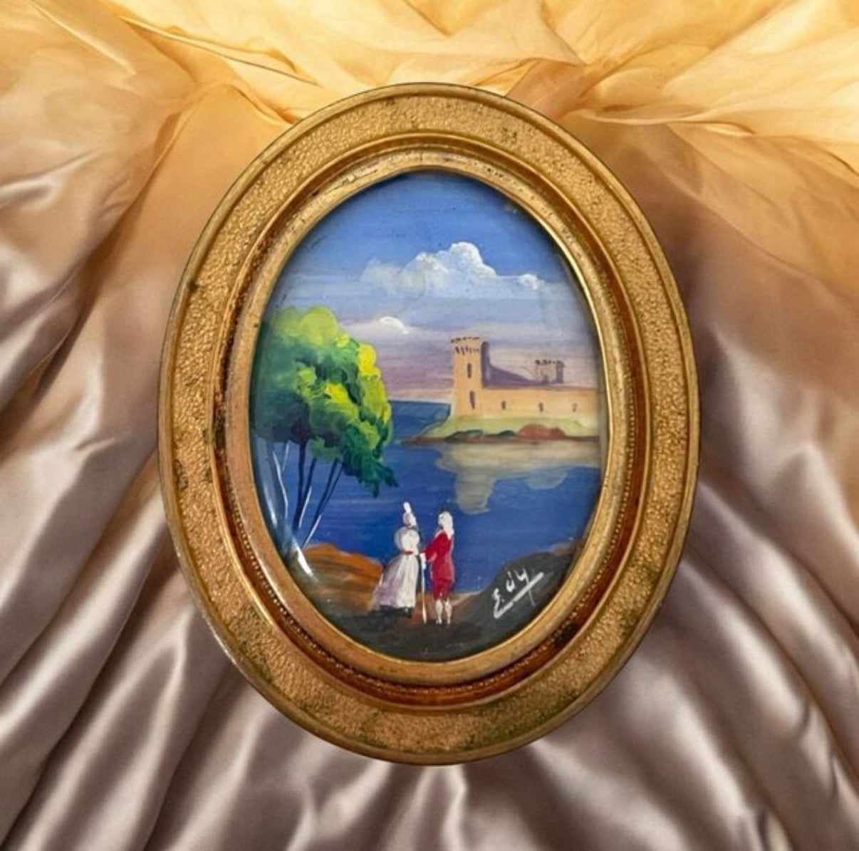 Spilla antica primo ‘900 con miniatura acquerellata firmata