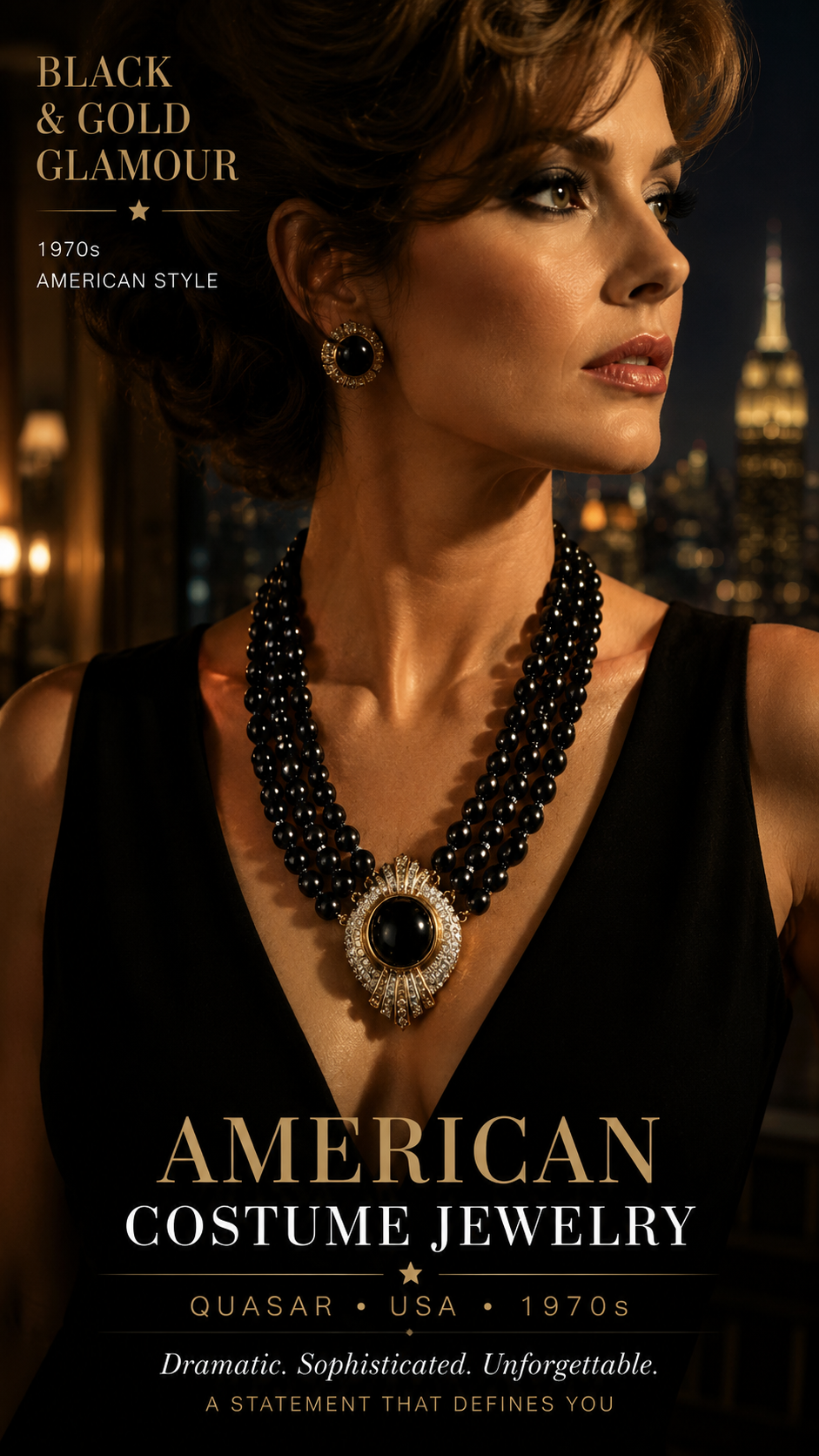 Collier a triplo filo in perle nere con grande pavé centrale e cabochon Quasar, USA anni ‘70