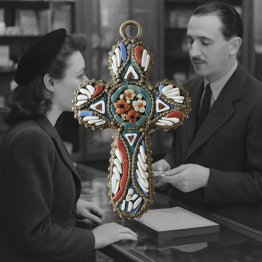 Croce in micromosaico policromo e ottone, fine anni ‘40