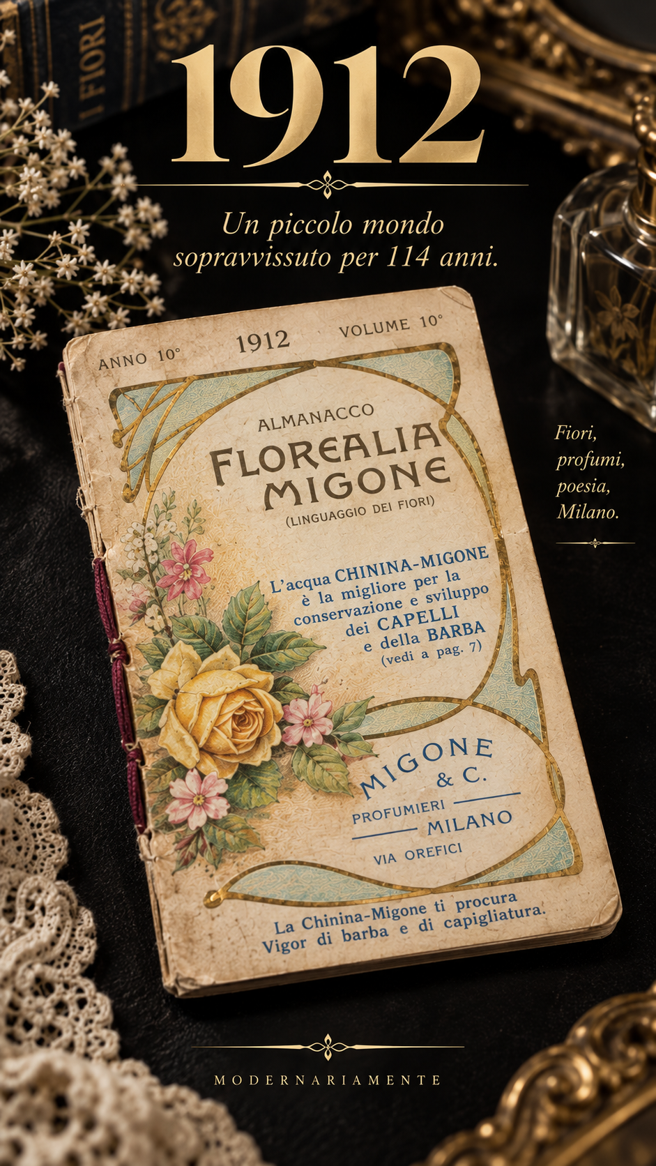 Stupendo ephemera completo 1912 Milano profumeria Migone floriografia Liberty