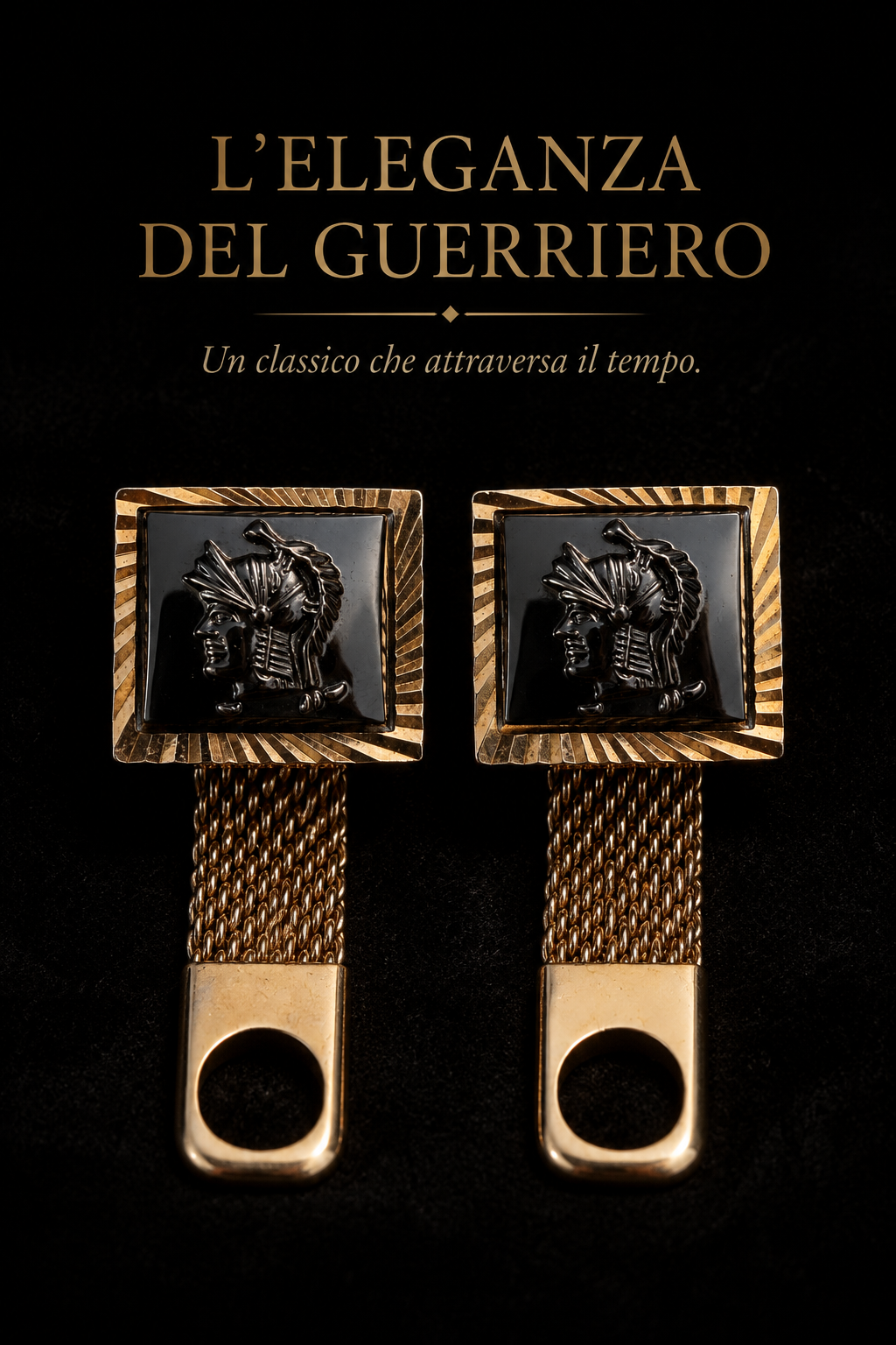 Gemelli da uomo con catena a maglia dorata e cammeo guerriero in ematite