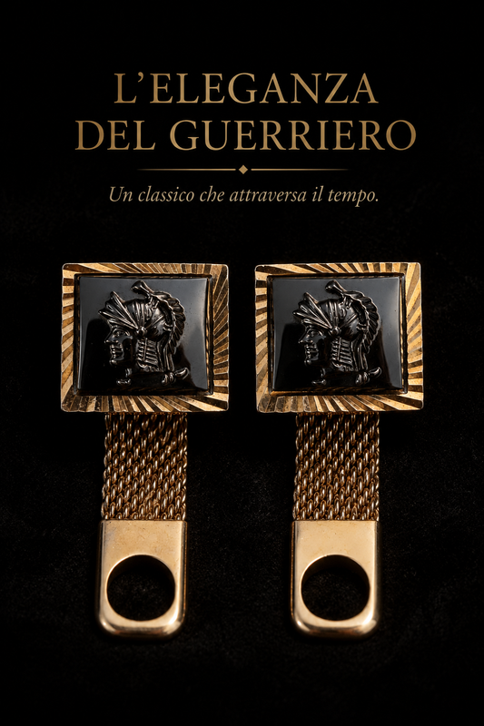Gemelli da uomo con catena a maglia dorata e cammeo guerriero in ematite