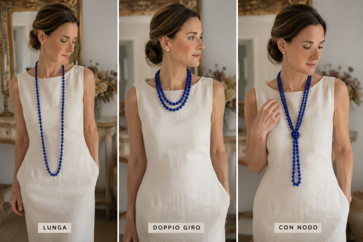 Collana vintage 70s 120 cm perle di vetro sfaccettato blu elettrico