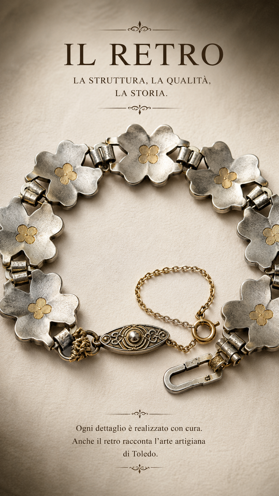 Bracciale “Oro di Toledo” arte spagnola, con catenella di sicurezza, anni ‘40-‘50
