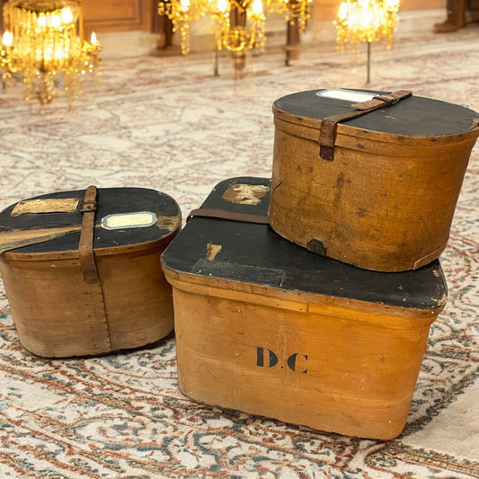 Set 3 cappelliere da viaggio fine ‘800, verde arsenicale