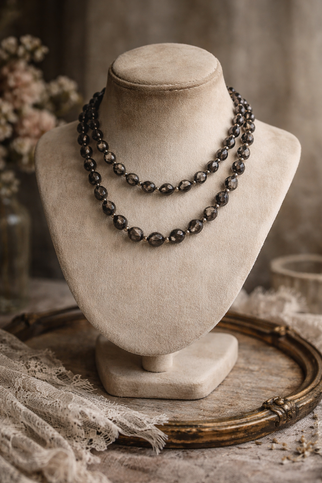 Collana lunga in perle sfaccettate smoky glass fine anni ‘40 annodata a mano