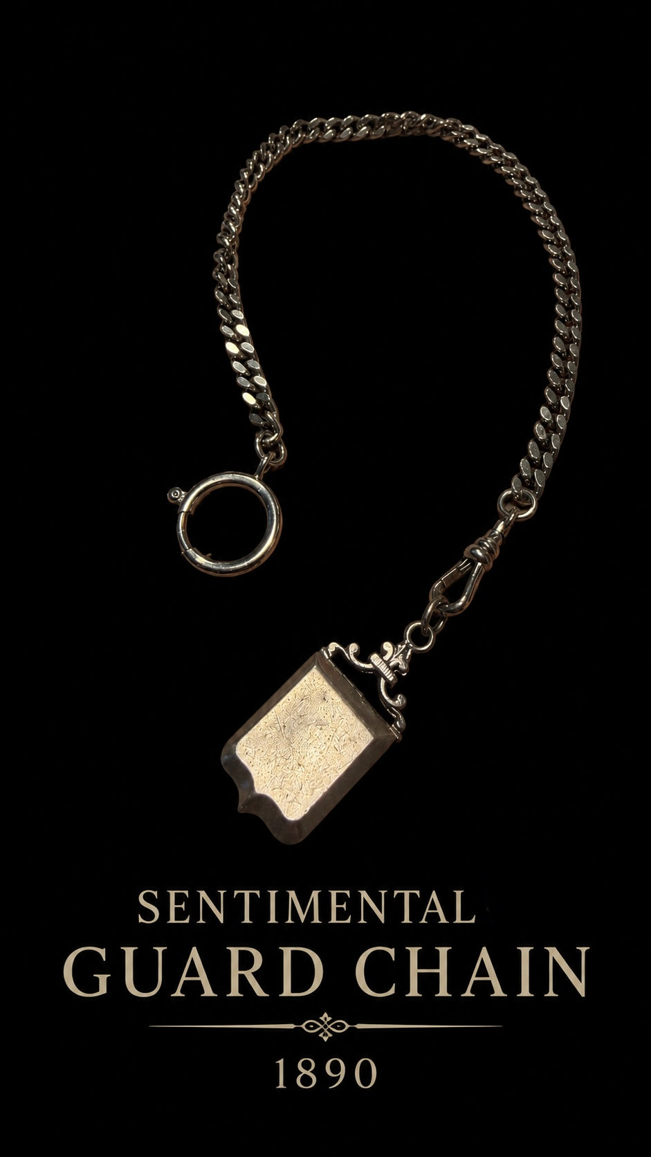 Antica guard chain con locket sentimentale apribile a guisa di stemma araldico