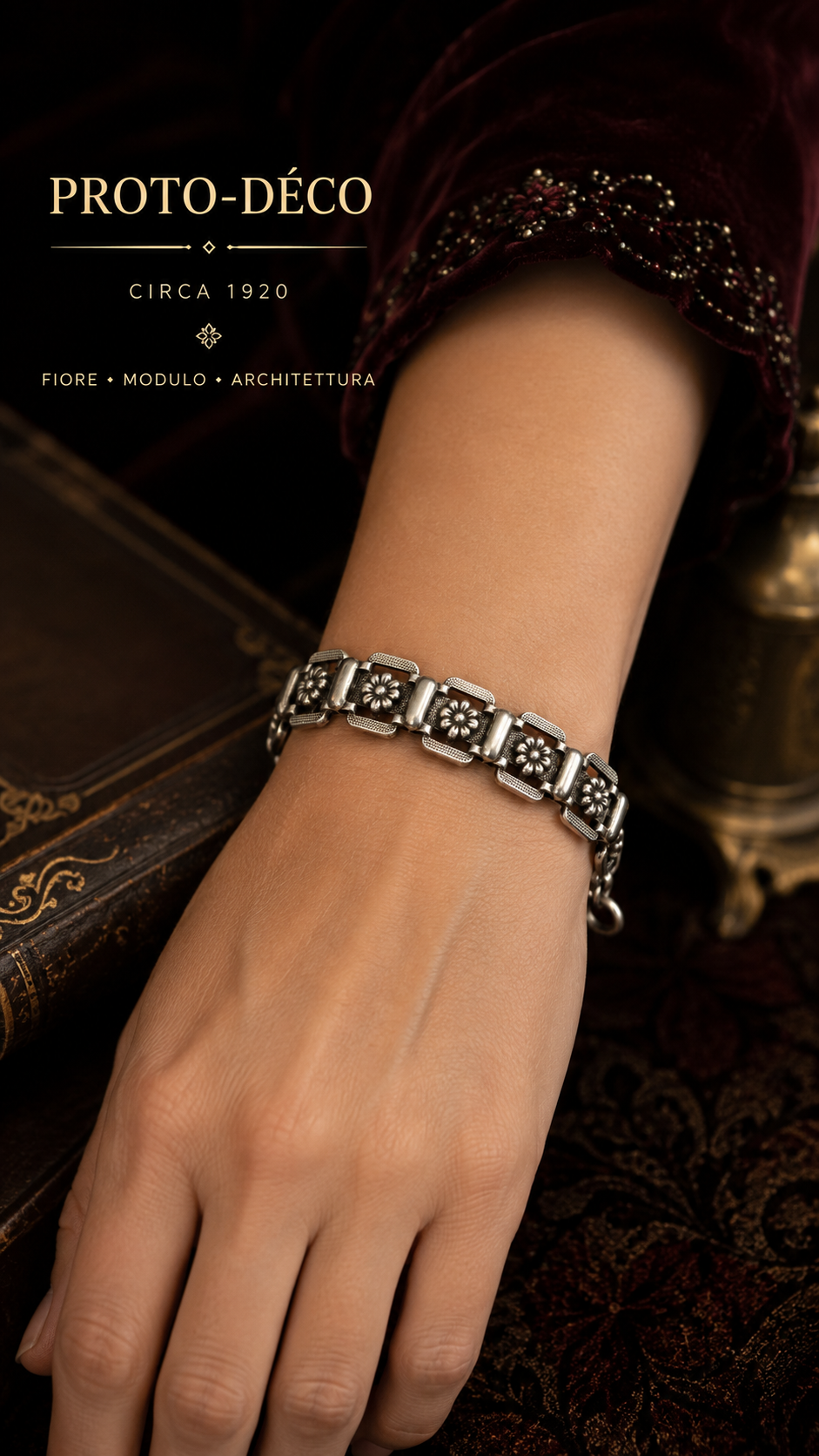 Bracciale antico in argento testato con maglie anni ‘20, transizione tra liberty e déco