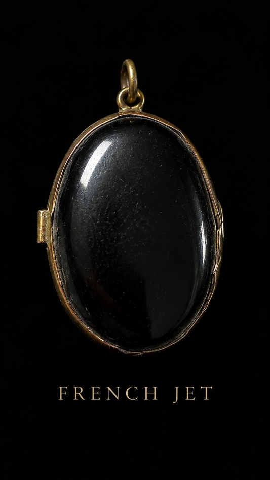 Stupendo pendente locket apribile mourning jewel in French Jet vittoriano