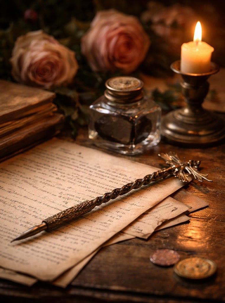 Porta pennino, stilo con pennino compreso periodo Liberty con decorazione libellula e fleur-de-lys