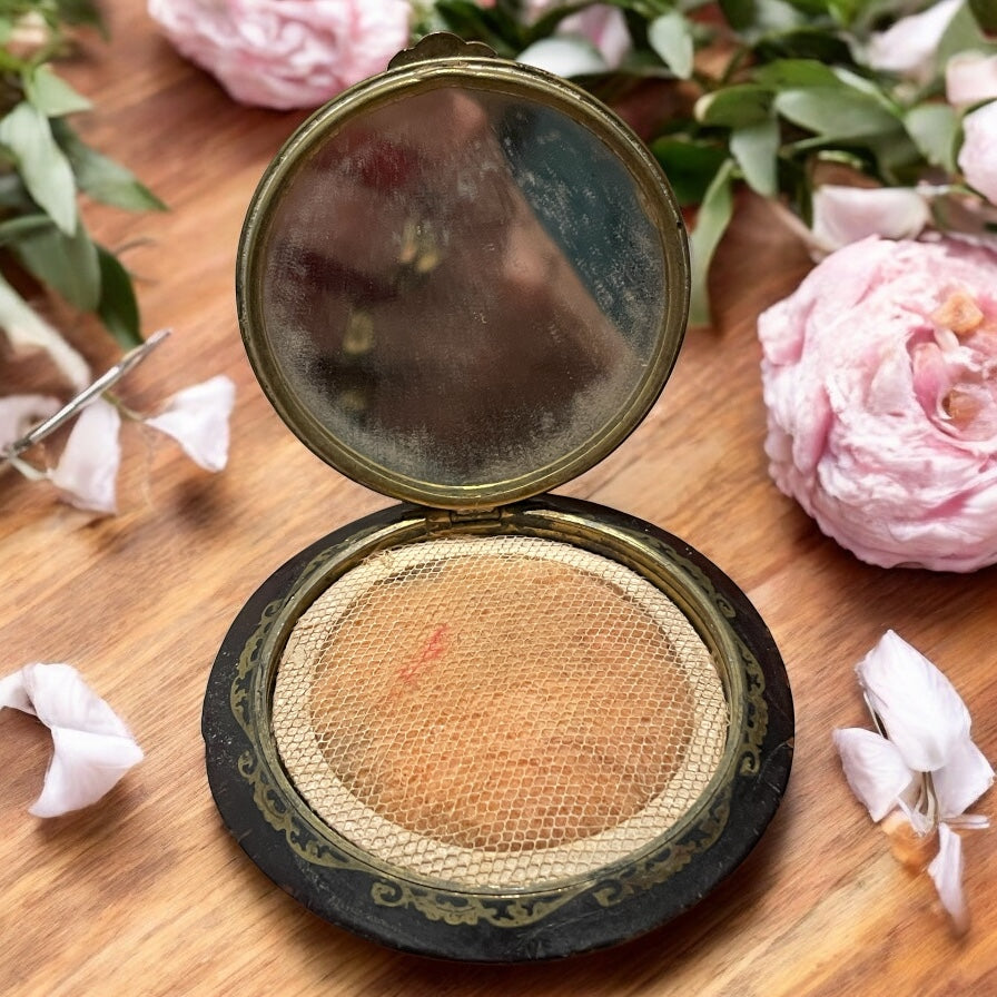 Porta cipria, anni 30, da borsetta con fantasia floreale