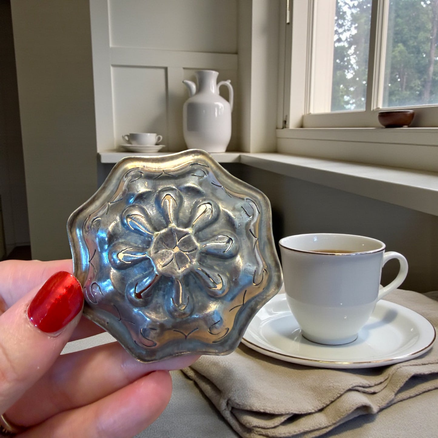 Antico passe-the argentato per filtrare risate e tè, primo ‘900