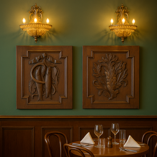 Coppia pannelli boiserie, tema venatorio, fine ottocento