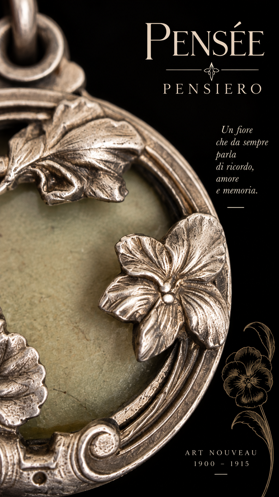Medaglione art Nouveau a scorrimento con viola del pensiero 1910