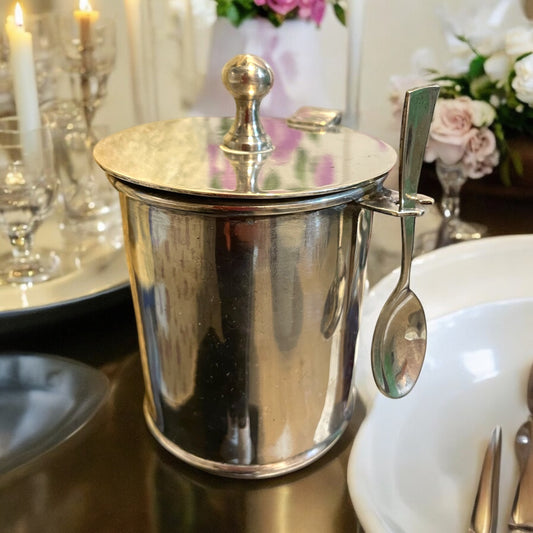 Antico moutardier porta salse anni ‘30, argentato con cucchiaino coordinato