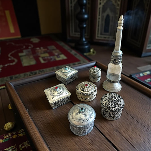 Set n.5 contenitori argentati per khol e un profumatore per olii, Oriente