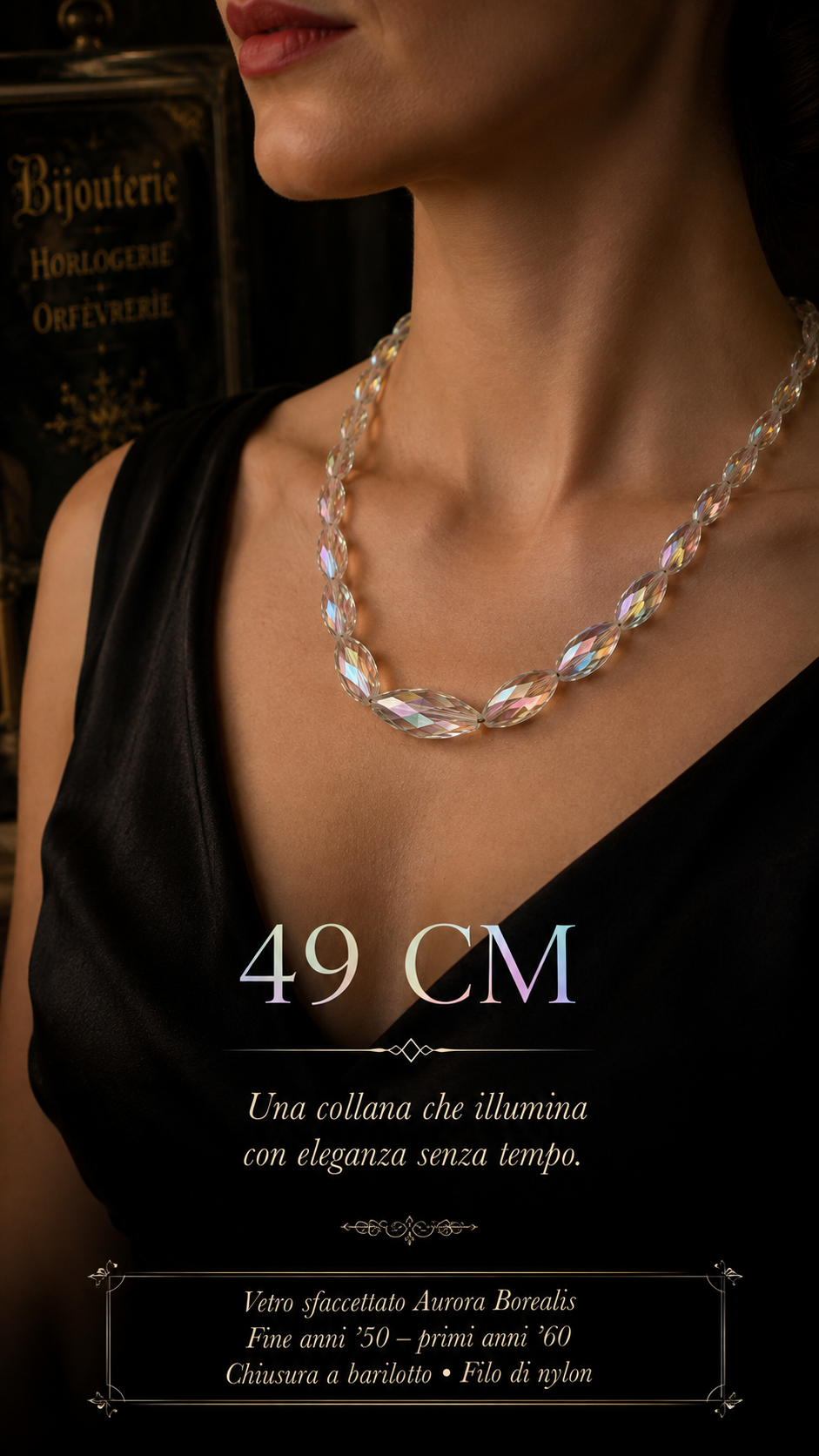 Collana con elementi fusiformi in vetro sfaccettato Aurora Borealis, fine anni ‘50 primi ‘60