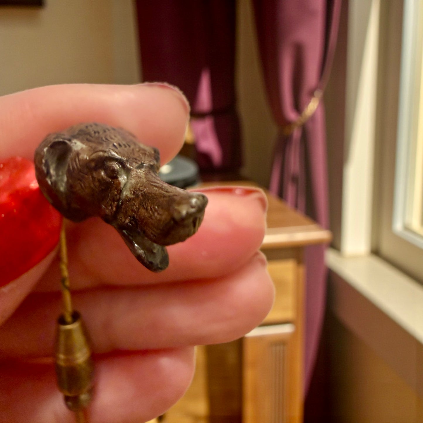 Hatpin antica spilla capolavoro con testa di cane, fine ‘800 primo ‘900