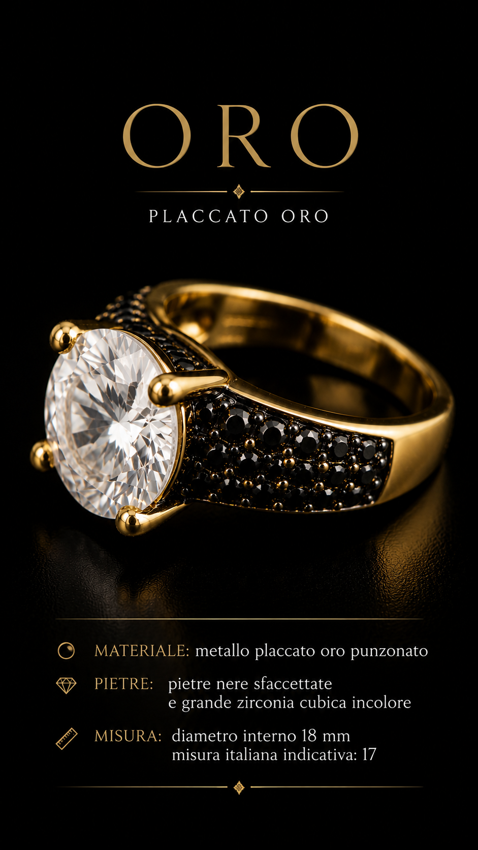 Anello solitario contemporaneo placcato oro a fascia con zirconia cubica e pietre sfaccettate nere