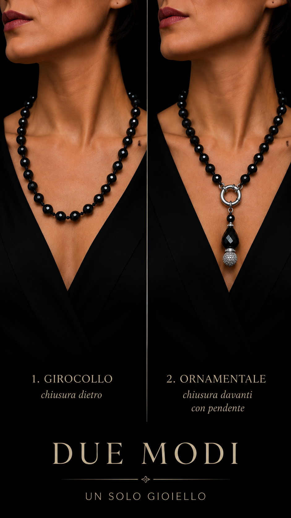 Collana con grandi perle in vetro nero sfaccettato infilate e annodate a mano e pendente amovibile con cristalli