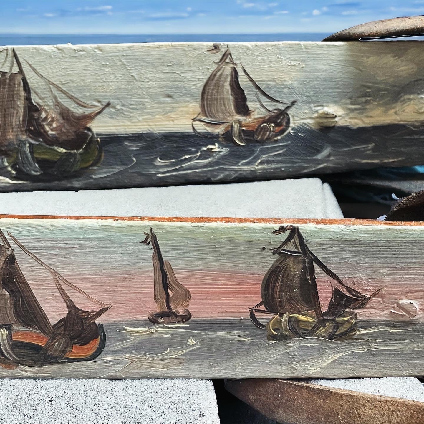 Skis ice skates painted antique