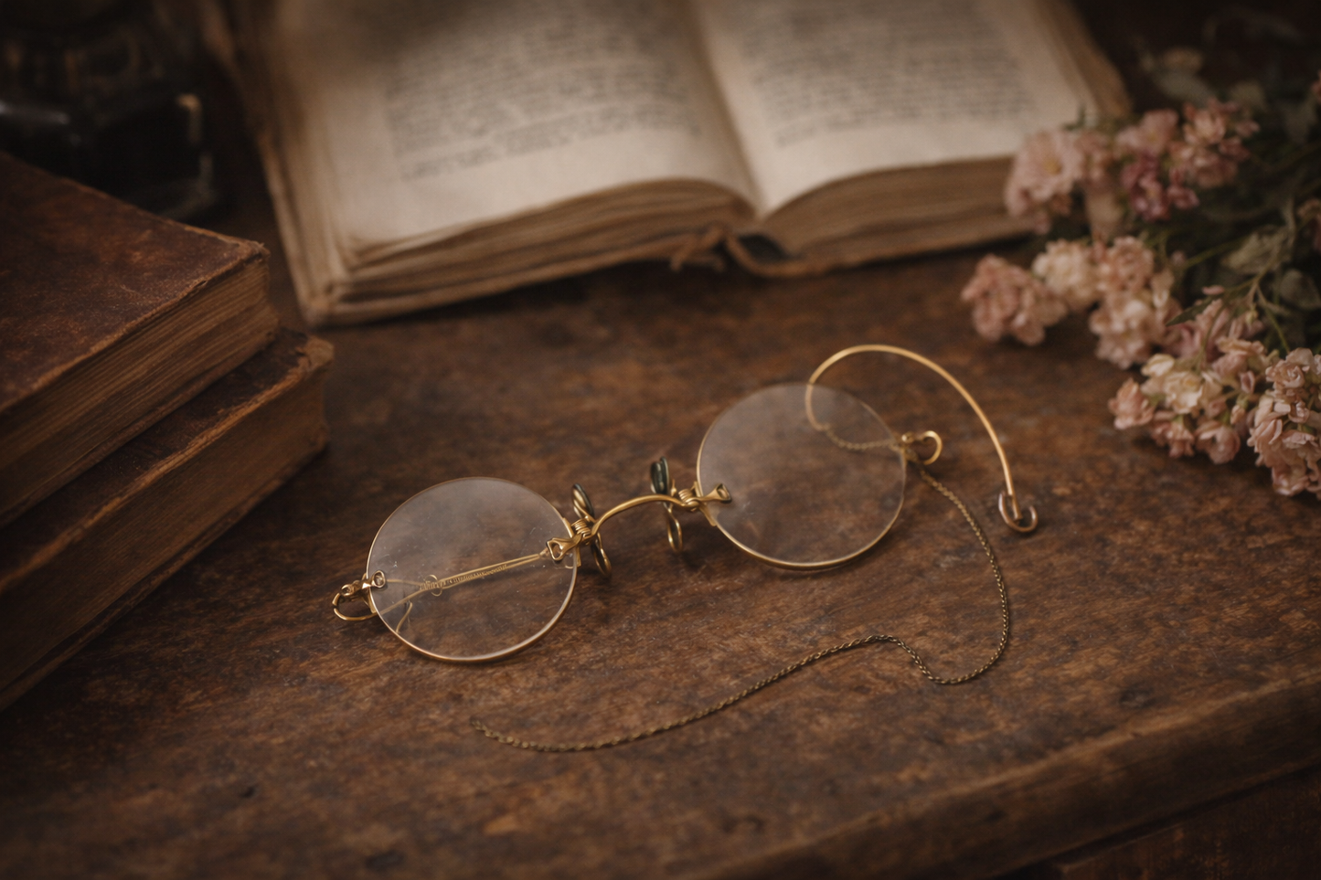 Antichi occhiali pince nez laminati in oro con custodia, 1890-1900 ca