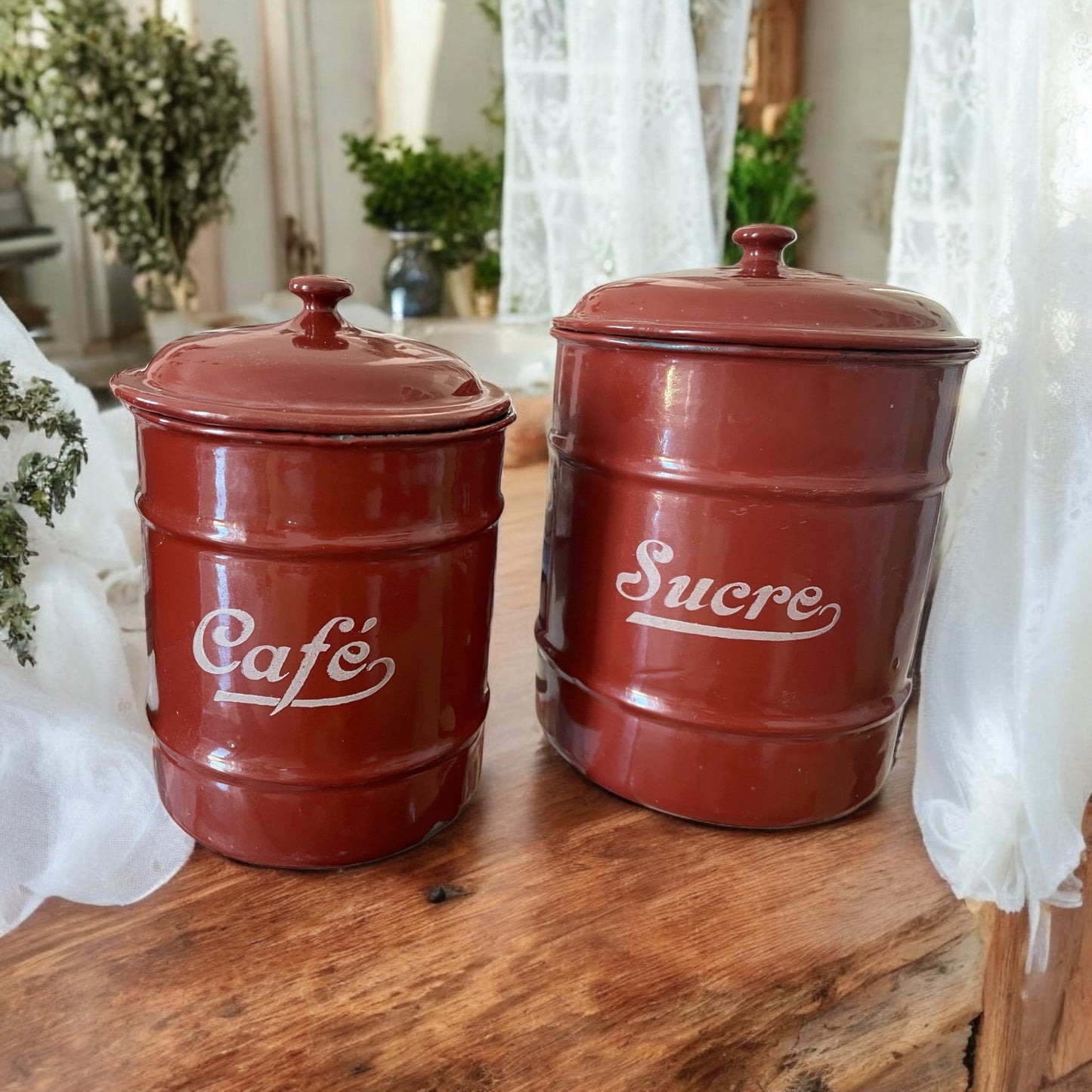 Set barattoli provenzali smaltati Rosso Borgogna anni 40