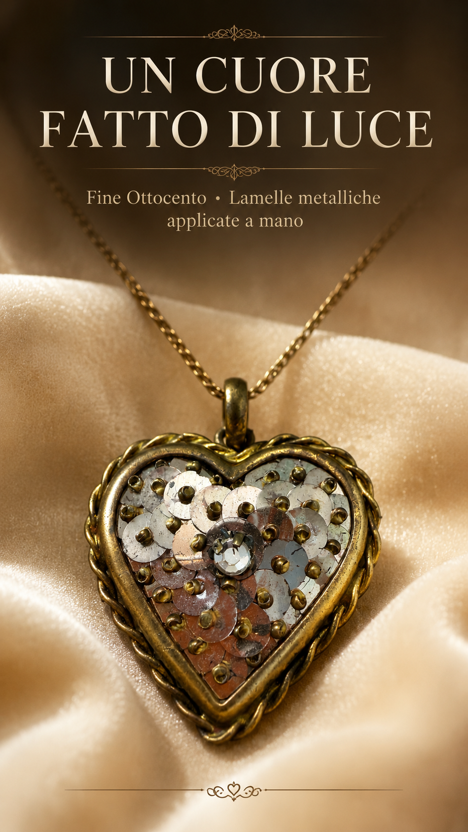 Pendente ciondolo antico fine ‘800 primo ‘900 cuore con paillettes e castone brillante